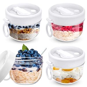 4 Pcs Overnight Oats Container with Lids and Spoons, 20 oz Plastic Overnight Oats Jars Large Capacity Airtight Yogurt Container for Milk, Fruit, Cereal and Salad Storage (White)