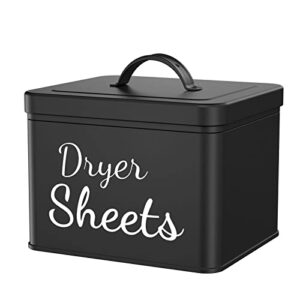 ruinuyoah farmhouse metal dryer sheets holder with lid for laundry room decor and accessories, modern dryer sheet container for storage and organization, large dryer sheet dispenser black