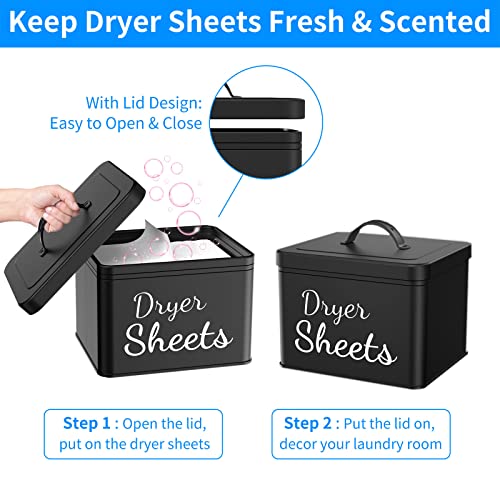 RuiNuyoah Farmhouse Metal Dryer Sheets Holder with Lid for Laundry Room Decor and Accessories, Modern Dryer Sheet Container for Storage and Organization, Large Dryer Sheet Dispenser Black