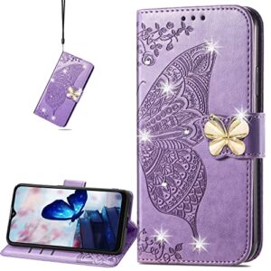 ccsmall for oppo a17 wallet case for women girls, shiny butterfly flower pu leather cover with card slot holder flip phone case for oppo a17 rhinestone purple