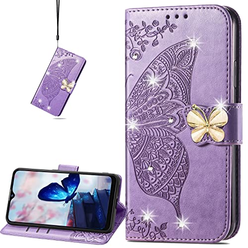 CCSmall for Oppo A17 Wallet Case for Women Girls, Shiny Butterfly Flower PU Leather Cover with Card Slot Holder Flip Phone Case for Oppo A17 Rhinestone Purple