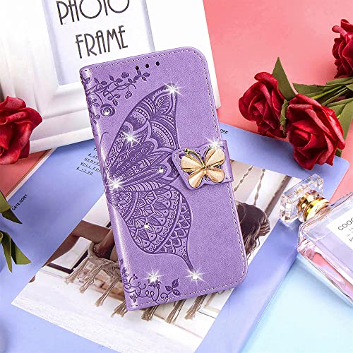 CCSmall for Oppo A17 Wallet Case for Women Girls, Shiny Butterfly Flower PU Leather Cover with Card Slot Holder Flip Phone Case for Oppo A17 Rhinestone Purple