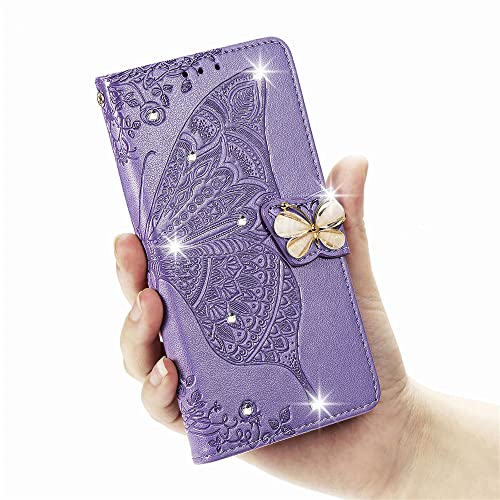 CCSmall for Oppo A17 Wallet Case for Women Girls, Shiny Butterfly Flower PU Leather Cover with Card Slot Holder Flip Phone Case for Oppo A17 Rhinestone Purple