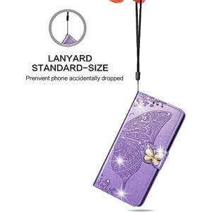 CCSmall for Oppo A17 Wallet Case for Women Girls, Shiny Butterfly Flower PU Leather Cover with Card Slot Holder Flip Phone Case for Oppo A17 Rhinestone Purple