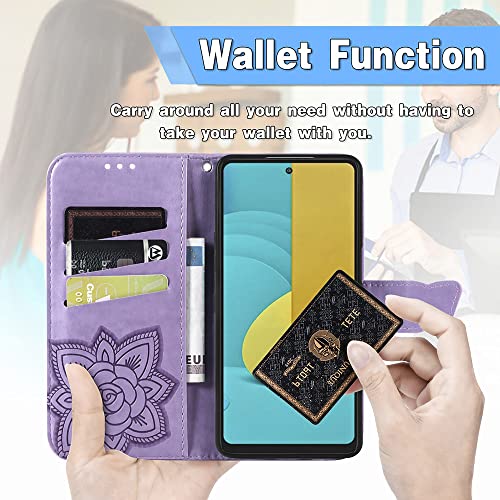 CCSmall for Oppo A17 Wallet Case for Women Girls, Shiny Butterfly Flower PU Leather Cover with Card Slot Holder Flip Phone Case for Oppo A17 Rhinestone Purple