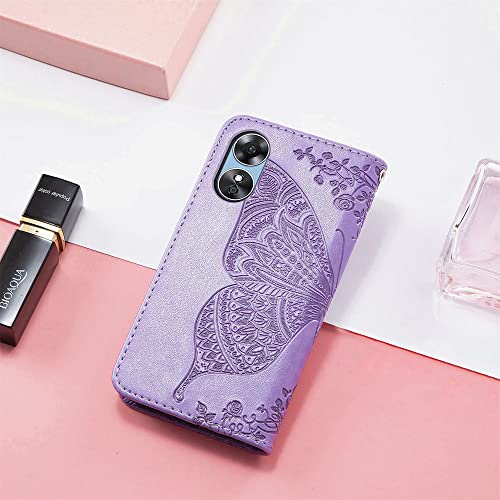 CCSmall for Oppo A17 Wallet Case for Women Girls, Shiny Butterfly Flower PU Leather Cover with Card Slot Holder Flip Phone Case for Oppo A17 Rhinestone Purple