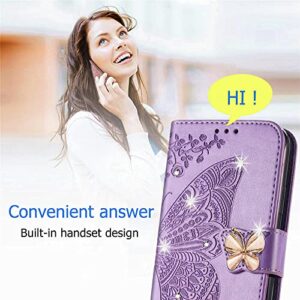 CCSmall for Oppo A17 Wallet Case for Women Girls, Shiny Butterfly Flower PU Leather Cover with Card Slot Holder Flip Phone Case for Oppo A17 Rhinestone Purple