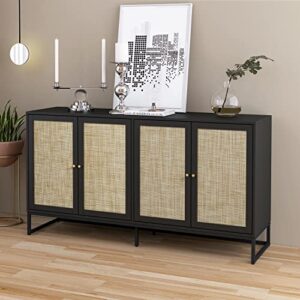 qeiuzon modern sideboard cabinet, accent storage cabinet with rattan doors and adjustable shelves, freestanding sideboard storage cabinet for kitchen dining living room hallway office (black)