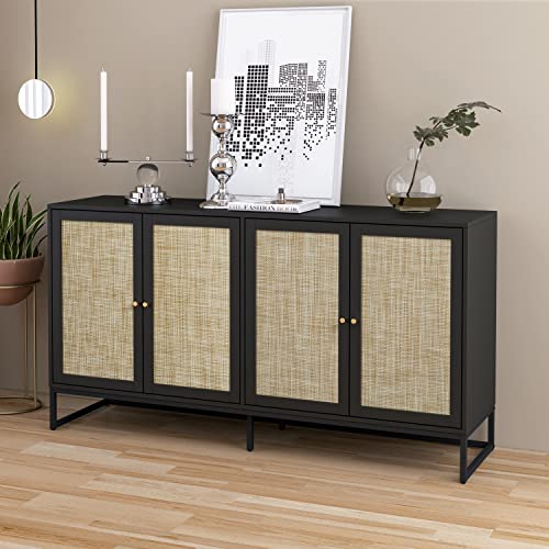 QEIUZON Modern Sideboard Cabinet, Accent Storage Cabinet with Rattan Doors and Adjustable Shelves, Freestanding Sideboard Storage Cabinet for Kitchen Dining Living Room Hallway Office (Black)