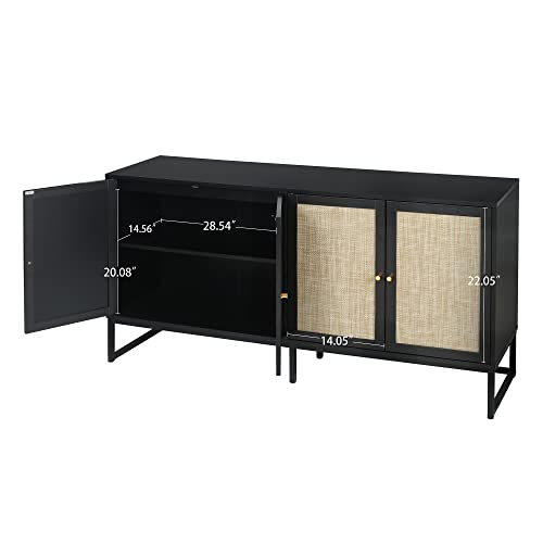 QEIUZON Modern Sideboard Cabinet, Accent Storage Cabinet with Rattan Doors and Adjustable Shelves, Freestanding Sideboard Storage Cabinet for Kitchen Dining Living Room Hallway Office (Black)