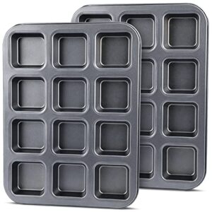 suice brownie pan with dividers 2 pack,12 cavity brownie cake pans all edges, nonstick square muffin pan 3x4 individual cutter baking sheet, heavy duty baking pan for brownies, muffins, bread - black
