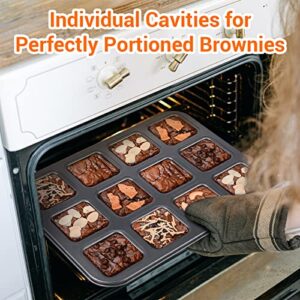 Suice Brownie Pan with Dividers 2 Pack,12 Cavity Brownie Cake Pans All Edges, Nonstick Square Muffin Pan 3x4 Individual Cutter Baking Sheet, Heavy Duty Baking Pan for Brownies, Muffins, Bread - Black