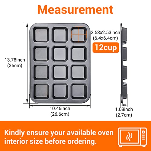 Suice Brownie Pan with Dividers 2 Pack,12 Cavity Brownie Cake Pans All Edges, Nonstick Square Muffin Pan 3x4 Individual Cutter Baking Sheet, Heavy Duty Baking Pan for Brownies, Muffins, Bread - Black