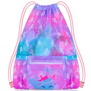 pashop drawstring backpack for kids, girls mesh beach bag for swimming, large size gym drawstring bags cinch sack for girls (unicorn)
