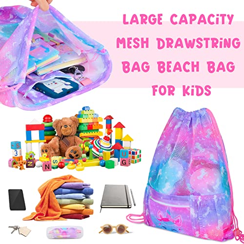 PASHOP Drawstring Backpack for Kids, Girls Mesh Beach Bag for Swimming, Large Size Gym Drawstring Bags Cinch Sack for Girls (Unicorn)