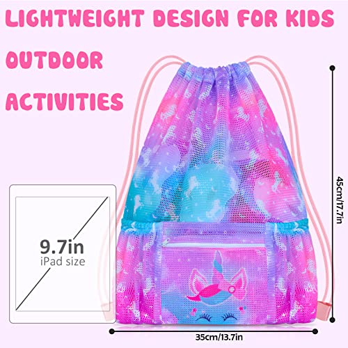 PASHOP Drawstring Backpack for Kids, Girls Mesh Beach Bag for Swimming, Large Size Gym Drawstring Bags Cinch Sack for Girls (Unicorn)