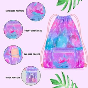 PASHOP Drawstring Backpack for Kids, Girls Mesh Beach Bag for Swimming, Large Size Gym Drawstring Bags Cinch Sack for Girls (Unicorn)