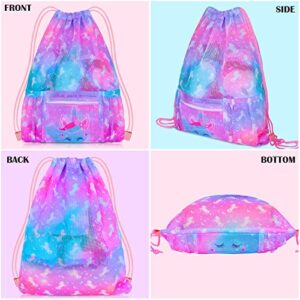 PASHOP Drawstring Backpack for Kids, Girls Mesh Beach Bag for Swimming, Large Size Gym Drawstring Bags Cinch Sack for Girls (Unicorn)