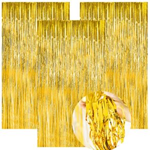 Gold Foil Fringe Curtains 3Pack - Metallic Foil Tinsel Backdrop 3.3 x 6.6 Ft Glitter Streamers Ribbon Fringe Tinsel Gold Shiny Background for Fathers Day 4th July Decoration Birthday Wedding Party