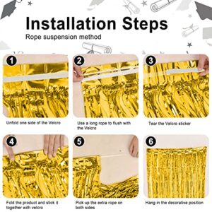 Gold Foil Fringe Curtains 3Pack - Metallic Foil Tinsel Backdrop 3.3 x 6.6 Ft Glitter Streamers Ribbon Fringe Tinsel Gold Shiny Background for Fathers Day 4th July Decoration Birthday Wedding Party