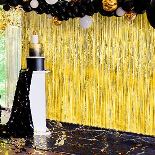 Gold Foil Fringe Curtains 3Pack - Metallic Foil Tinsel Backdrop 3.3 x 6.6 Ft Glitter Streamers Ribbon Fringe Tinsel Gold Shiny Background for Fathers Day 4th July Decoration Birthday Wedding Party