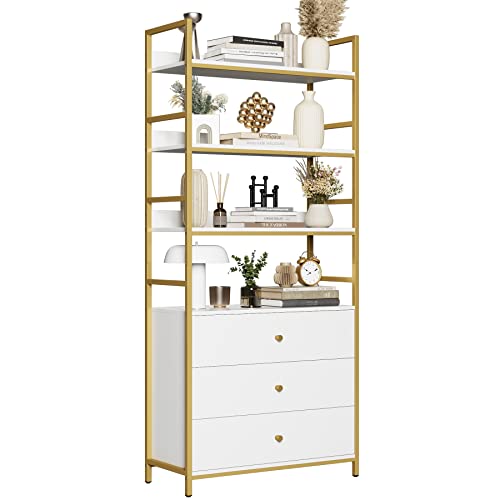 finetones Bookshelf with 3 Drawers, 71.2” Tall White and Gold Bookshelf with Open Shelves & Drawer to Display Flower for Home, Thickened Metal Frames