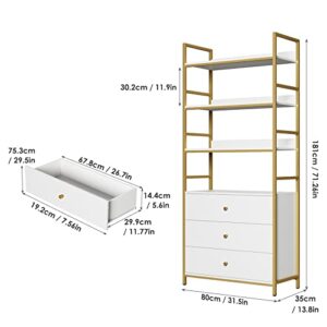 finetones Bookshelf with 3 Drawers, 71.2” Tall White and Gold Bookshelf with Open Shelves & Drawer to Display Flower for Home, Thickened Metal Frames