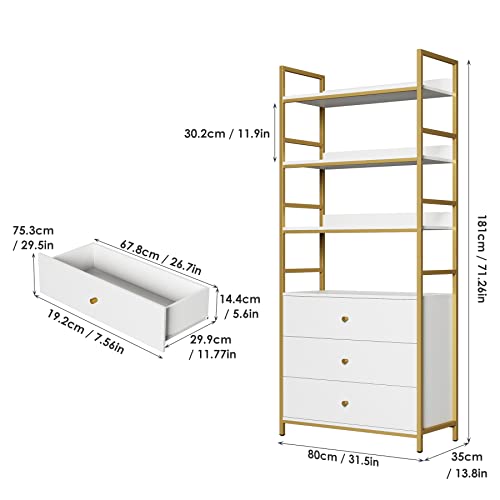 finetones Bookshelf with 3 Drawers, 71.2” Tall White and Gold Bookshelf with Open Shelves & Drawer to Display Flower for Home, Thickened Metal Frames