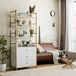 finetones Bookshelf with 3 Drawers, 71.2” Tall White and Gold Bookshelf with Open Shelves & Drawer to Display Flower for Home, Thickened Metal Frames