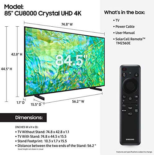 SAMSUNG 85-Inch Class Crystal UHD 4K CU8000 Series PurColor, Object Tracking Sound Lite, Q-Symphony, Motion Xcelerator, Ultra Slim, Solar Remote, Smart TV with Alexa Built-in (UN85CU8000, 2023 Model)