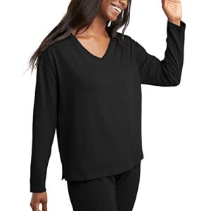 hanes originals v-neck long sleeve t-shirt, cotton tees for women, raw edge v-neckline, black