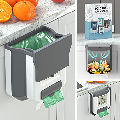 Gintan Kitchen Compost Bin, Collapsible Hanging Countertop Trash Can with Lid, 2.4 Gallon for Cabinet/Bathroom/RV/Bedroom/Camping (Gray)