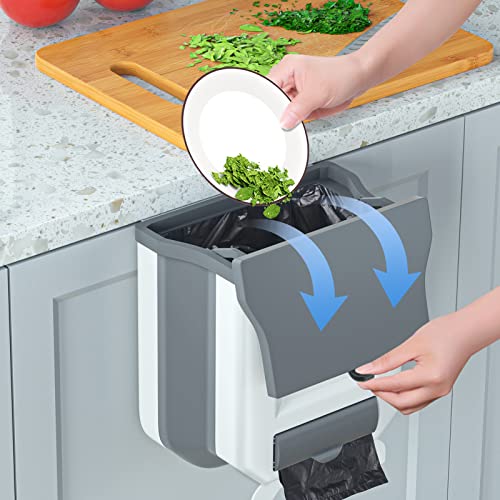Gintan Kitchen Compost Bin, Collapsible Hanging Countertop Trash Can with Lid, 2.4 Gallon for Cabinet/Bathroom/RV/Bedroom/Camping (Gray)