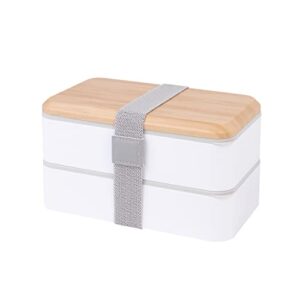 lunch box bento box for adult, bento box with 2 dividers and a spoon and knife and fork, leakproof lunch container, upgraded plastic bamboo pattern cover and cloudy white appearance