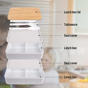 Lunch Box Bento Box for Adult, Bento Box with 2 Dividers and a Spoon and Knife and Fork, Leakproof Lunch Container, Upgraded Plastic Bamboo Pattern Cover and Cloudy White Appearance