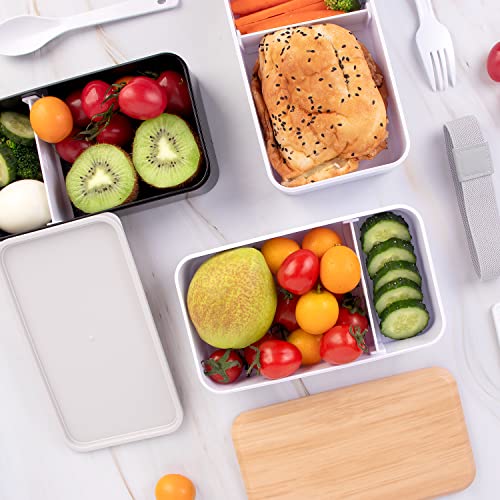 Lunch Box Bento Box for Adult, Bento Box with 2 Dividers and a Spoon and Knife and Fork, Leakproof Lunch Container, Upgraded Plastic Bamboo Pattern Cover and Cloudy White Appearance