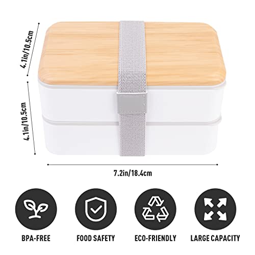 Lunch Box Bento Box for Adult, Bento Box with 2 Dividers and a Spoon and Knife and Fork, Leakproof Lunch Container, Upgraded Plastic Bamboo Pattern Cover and Cloudy White Appearance