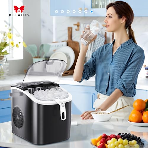 Xbeauty Countertop Ice Maker Machine 6-Minute Fast Bullet Ice Simple Handle Automatic Cleaning Suitable for Household Small Student Dormitory and Bar Party-Black