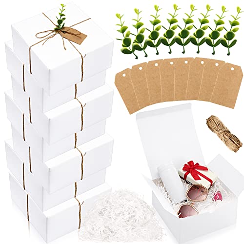 26PCS Gift Boxes Set 8 Bridesmaid Proposal Boxes 8 x 8 x 4in Bridesmaid Proposal Gift 8 Kraft Paper Gift Tag 8 Plastic Eucalyptus Leaves Stems 1 Cut Paper Shred Filler 1 Twine Rope (White, White)