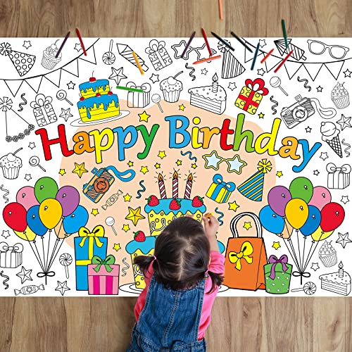 ZOIIWA Happy Birthday Coloring Poster for Kids Giant Coloring Poster Large Birthday Coloring Tablecloth Jumbo Coloring Books for Kids Classroom Home Birthday Party Supplies Favor 31.4 x 43.3 Inch