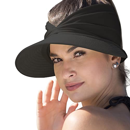 Sun Visor Ponytail Hat for Women Packable Wide Brim Summer Hat with Uv Protection for Sports Golf Tennis Running Black