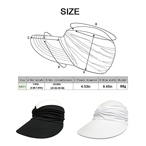 Sun Visor Ponytail Hat for Women Packable Wide Brim Summer Hat with Uv Protection for Sports Golf Tennis Running Black