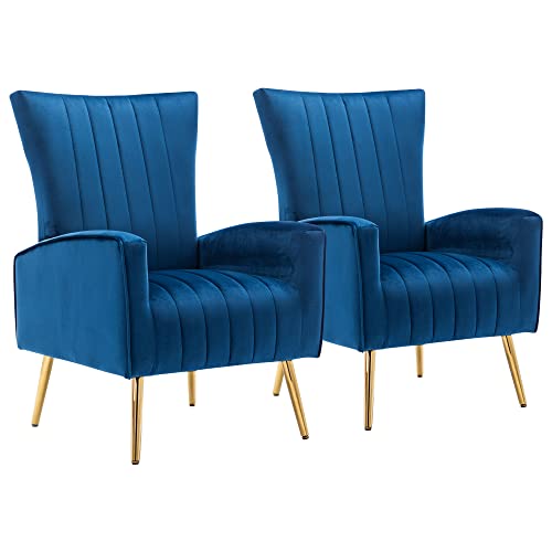 LSSPAID Velvet Accent Chairs Set of 2, Fabric Upholstered Accent Chair for Living Room, Wing Back Mid Century Modern Arm Chair, Metal Legs Living Room Chairs, Navy