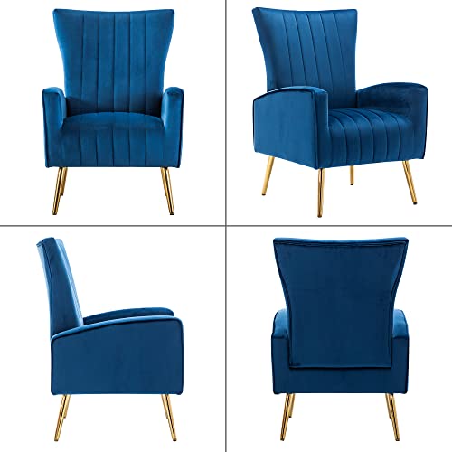 LSSPAID Velvet Accent Chairs Set of 2, Fabric Upholstered Accent Chair for Living Room, Wing Back Mid Century Modern Arm Chair, Metal Legs Living Room Chairs, Navy