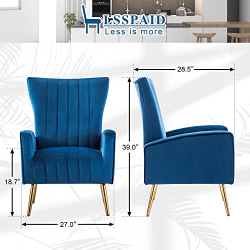 LSSPAID Velvet Accent Chairs Set of 2, Fabric Upholstered Accent Chair for Living Room, Wing Back Mid Century Modern Arm Chair, Metal Legs Living Room Chairs, Navy