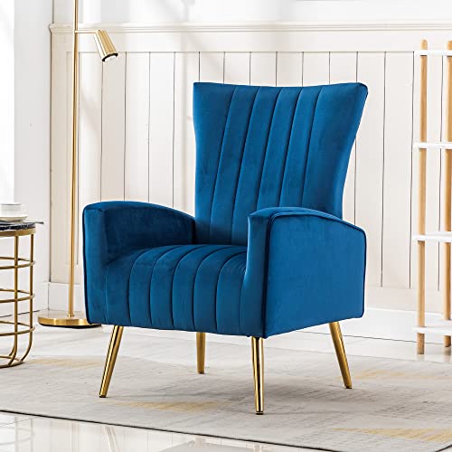 LSSPAID Velvet Accent Chairs Set of 2, Fabric Upholstered Accent Chair for Living Room, Wing Back Mid Century Modern Arm Chair, Metal Legs Living Room Chairs, Navy