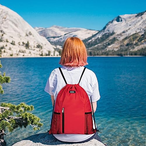 WANDF Drawstring Backpack Sports Gym Sackpack with Mesh Pockets Water Resistant String Bag for Women Men (Red)