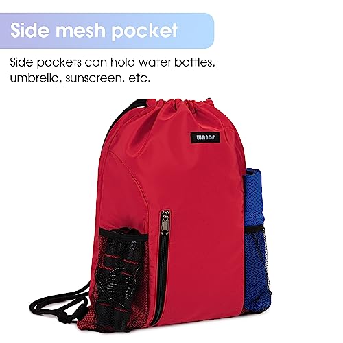 WANDF Drawstring Backpack Sports Gym Sackpack with Mesh Pockets Water Resistant String Bag for Women Men (Red)
