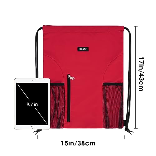 WANDF Drawstring Backpack Sports Gym Sackpack with Mesh Pockets Water Resistant String Bag for Women Men (Red)