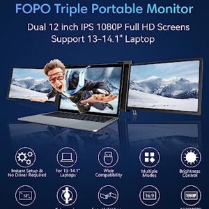 FOPO 12" Triple Laptop Screen Extender Triple Portable Monitor for 13"-14.1" Laptop, FHD 1080P IPS Dual Display, with Type-C/HDMI for Windows/MacOS/Switch -S12